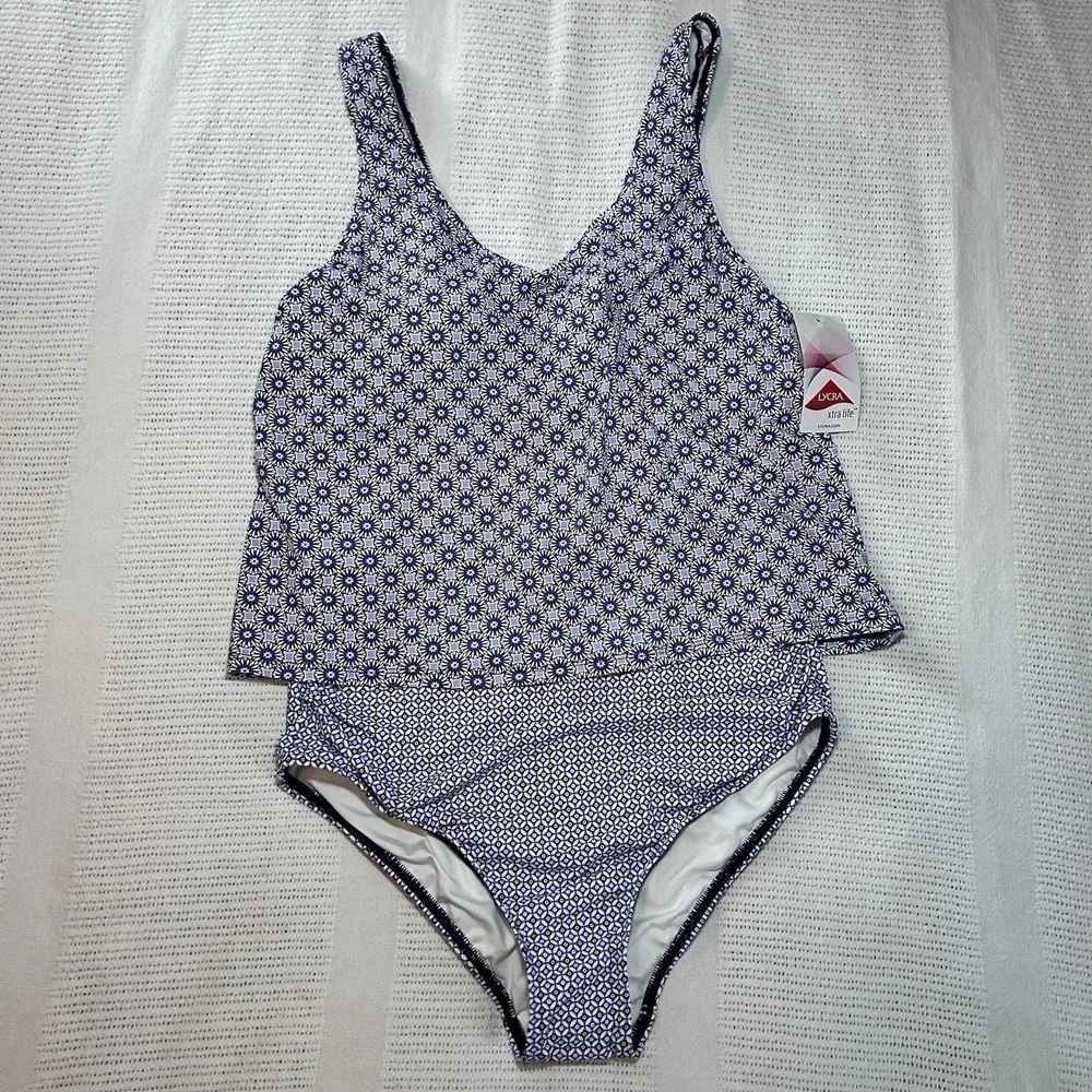 New Lands End Chlorine Resistant Faukini Swimsuit M Lycra Spandex Blue